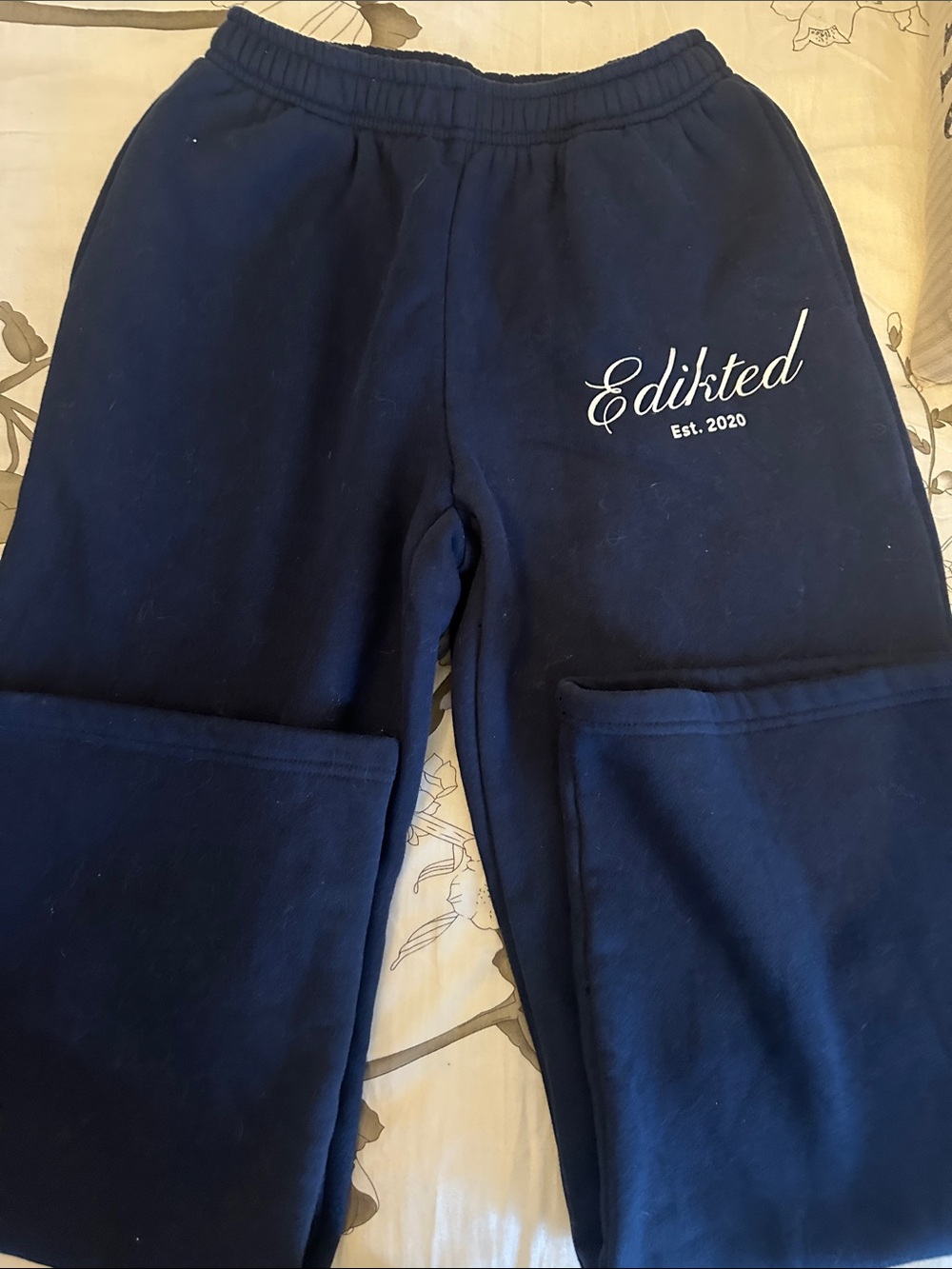 Edikted Navy Blue Joggers with Logo on front hip area